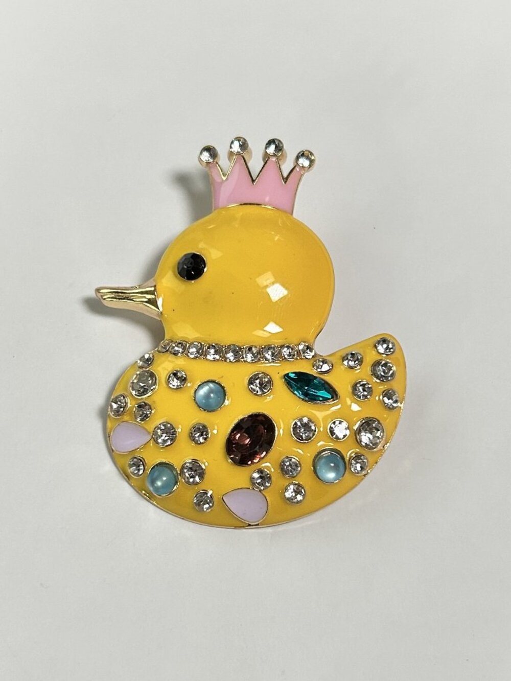 Gold Tone Enamel Rubber Duck Princess Crown Rhinestone Brooch Pin